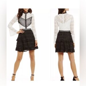 NWT Gianni Bini Lace Black & White Pleated Tiered Dress MSRP $139 Size Medium